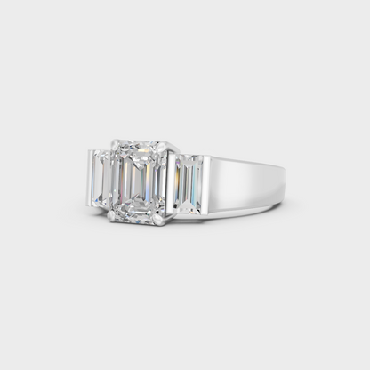 Certified 2.2 Carat Emerald and Baguette-Cut Lab-Grown Diamond Three-Stone Ring in 950 Platinum.