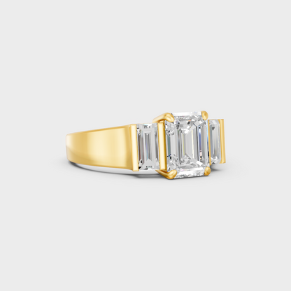 Custom 2.2 Carat Certified Lab-Grown Diamond Three-Stone Ring, handcrafted in 14K Yellow Gold.