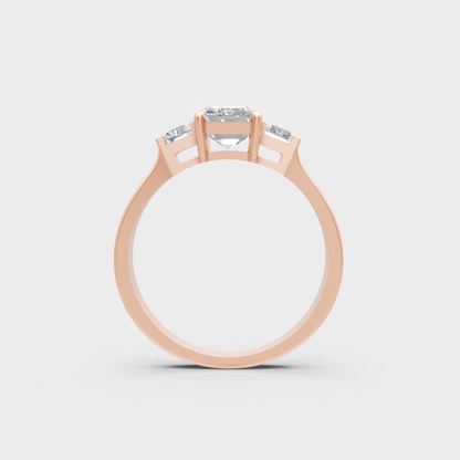 Unique 2.2 Carat Emerald and Baguette-Cut Lab-Grown Diamond Three-Stone Ring with modern appeal in 9K Rose Gold.
