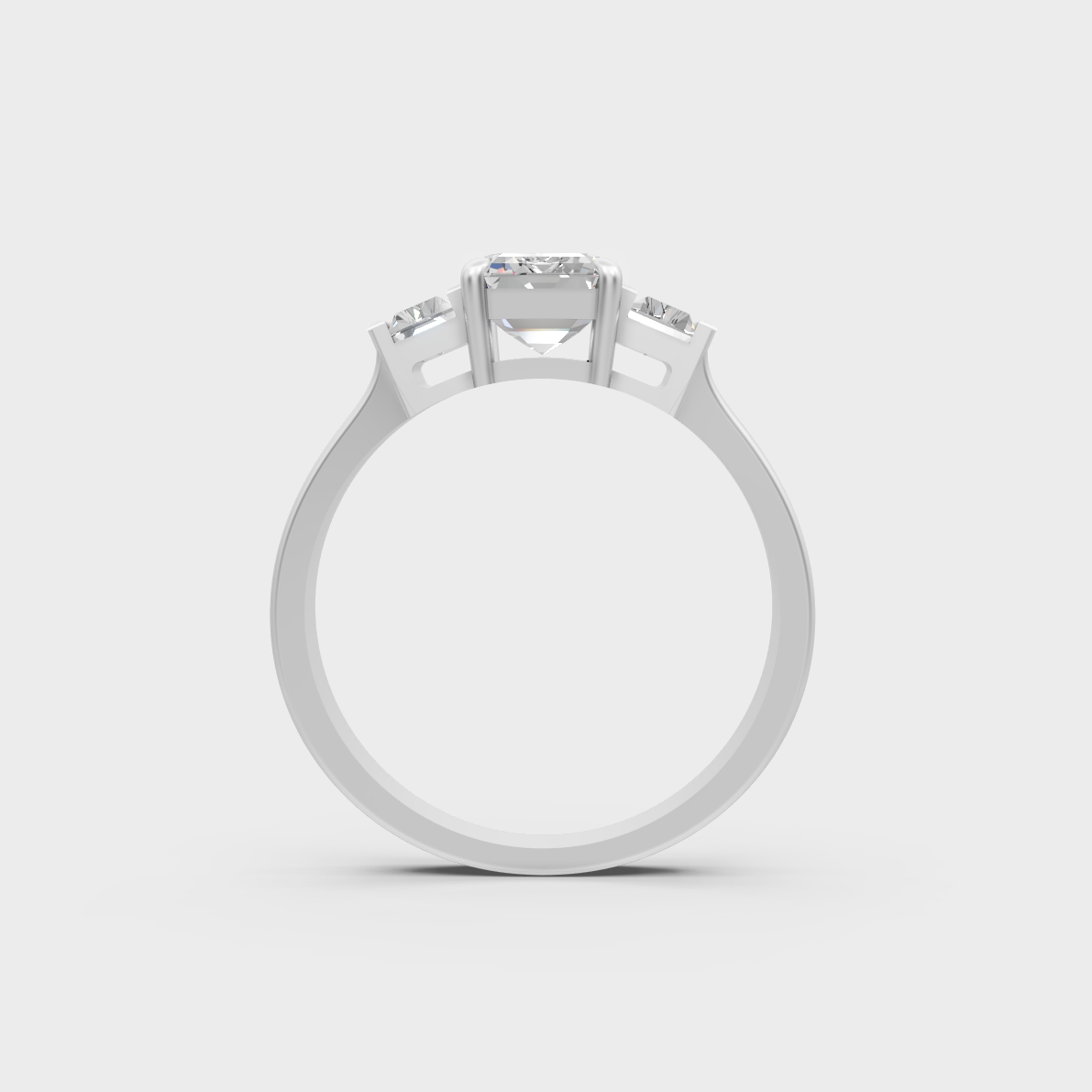 Certified 2.2 Carat Emerald and Baguette-Cut Lab-Grown Diamond Three-Stone Ring in 18K White Gold.