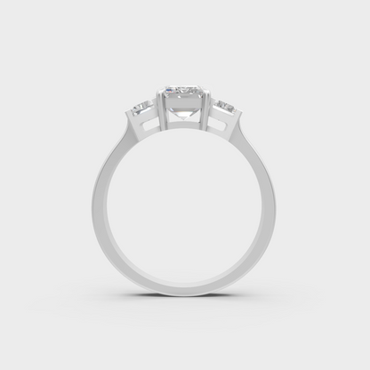 Certified 2.2 Carat Emerald and Baguette-Cut Lab-Grown Diamond Three-Stone Ring in 18K White Gold.