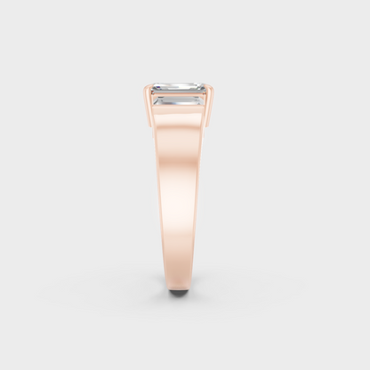 Ethical Luxury 2.2 Carat Emerald and Baguette Lab-Grown Diamond Three-Stone Ring, elegant statement in 18K Rose Gold.