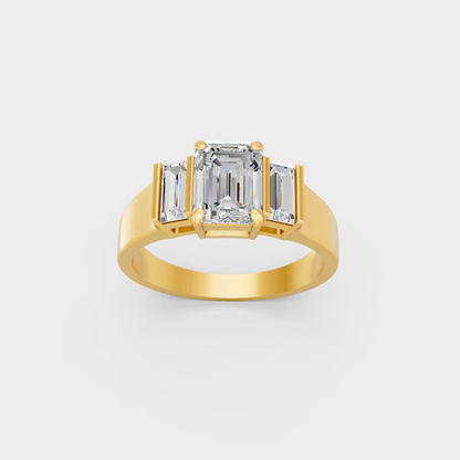 Majestic 2.2 Ct Emerald and Baguette Lab-Grown Diamond Engagement Ring in a polished 14K Yellow Gold setting.
