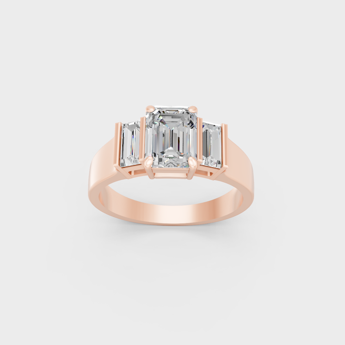 Exquisite 2.2 Ct Emerald and Baguette Lab-Grown Diamond Engagement Ring, polished 14K Rose Gold finish.