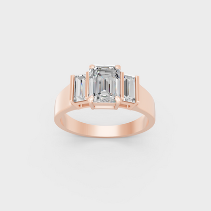 Exquisite 2.2 Ct Emerald and Baguette Lab-Grown Diamond Engagement Ring, polished 14K Rose Gold finish.
