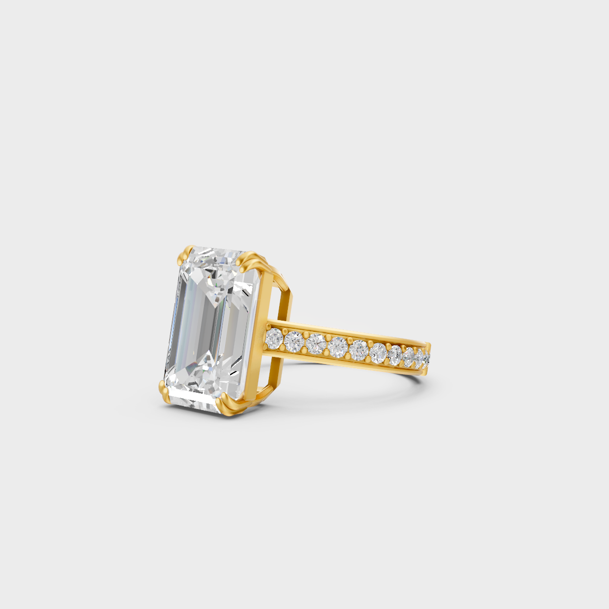 Certified 6 Carat Emerald and Round-Cut Lab-Grown Diamond Solitaire with Accents Ring in 18K Yellow Gold.