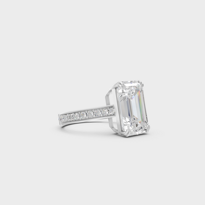Top-Down View of 6 Ct Emerald Lab-Grown Diamond Solitaire with Accents showcasing brilliant clarity in 950 Platinum.