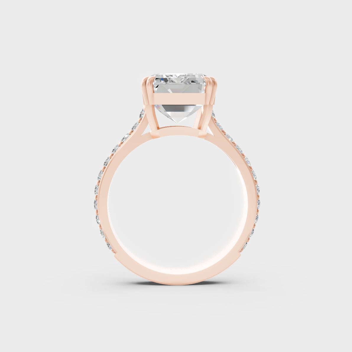 Unique 6 Carat Emerald and Round-Cut Lab-Grown Diamond Accents Ring with romantic appeal in 9K Rose Gold.