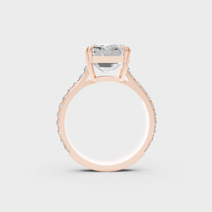 Unique 6 Carat Emerald and Round-Cut Lab-Grown Diamond Accents Ring with romantic appeal in 9K Rose Gold.