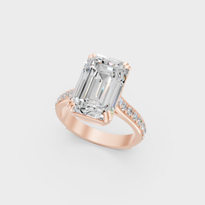 Exquisite 6 Ct Emerald Lab-Grown Diamond Engagement Ring with side stones, polished 14K Rose Gold finish.