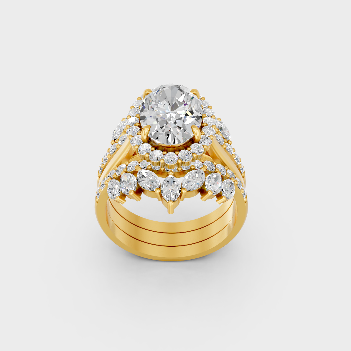 Majestic 5.32 Ct Multishape Lab-Grown Diamond Bridal Ring Set featuring oval, round, and marquise stones in a polished 14K Yellow Gold setting.