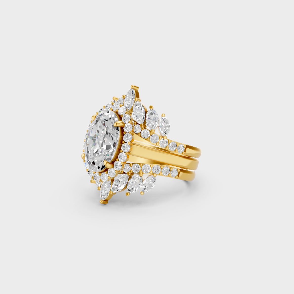 Certified 5.32 Carat Multishape Oval, Round, and Marquise-Cut Lab-Grown Diamond Ring Set in 18K Yellow Gold.