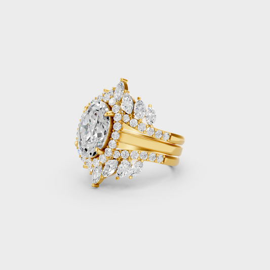 Certified 5.32 Carat Multishape Oval, Round, and Marquise-Cut Lab-Grown Diamond Ring Set in 18K Yellow Gold.