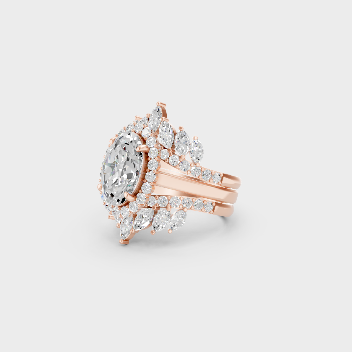 Distinctive 5.32 Carat Multishape Oval, Round, and Marquise-Cut Lab-Grown Diamond Ring Set in 18K Rose Gold.