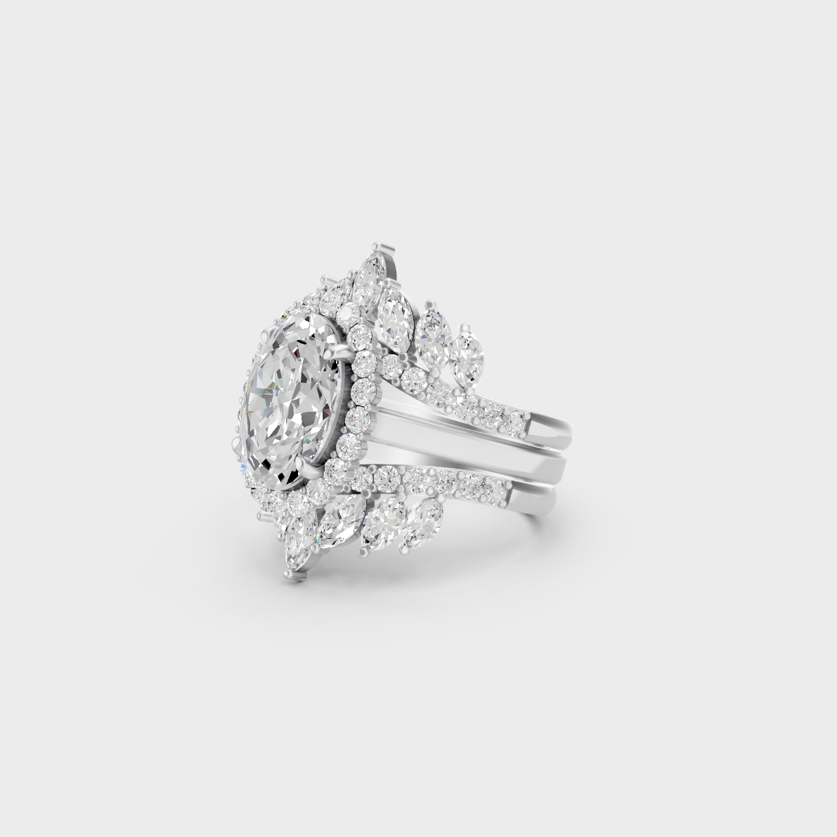 Certified 5.32 Carat Multishape Oval, Round, and Marquise-Cut Lab-Grown Diamond Ring Set in 18K White Gold.