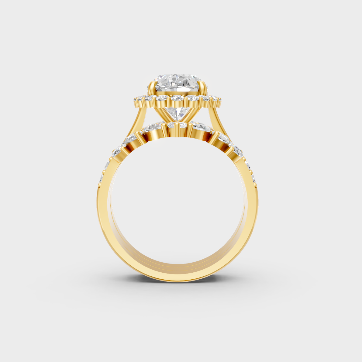 Close-Up View of 5.32 Ct Multishape Lab-Grown Diamond Ring Set with warm 18K Yellow Gold bands.