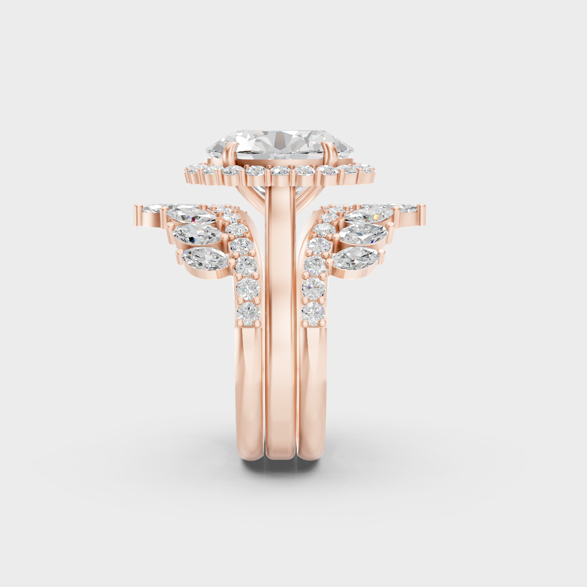 Unique 5.32 Carat Multishape Cut Ring Set featuring oval and marquise stones in modern 9K Rose Gold.