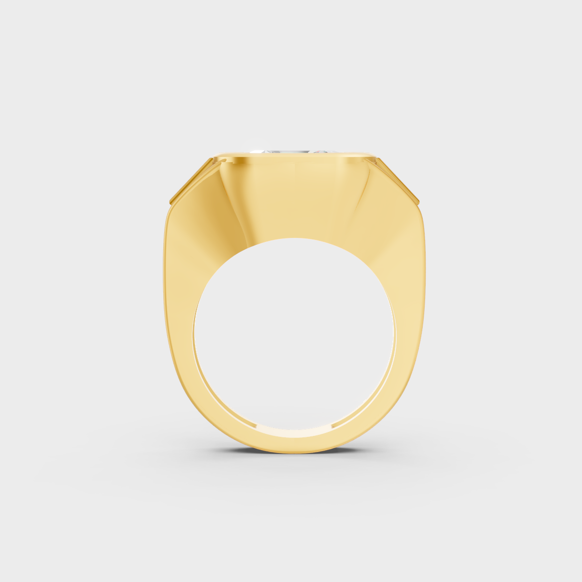Luxury 7 Carat Asscher and Baguette Three-Stone Mens Ring with architectural styling in 9K Yellow Gold.