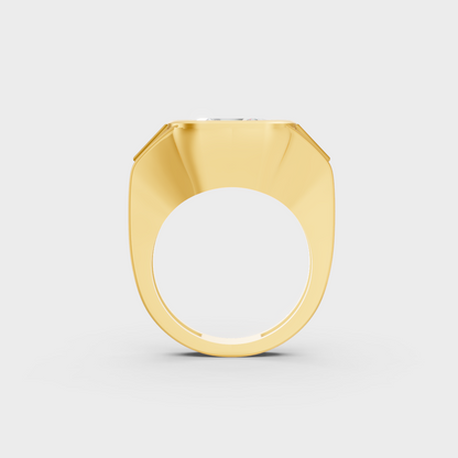 Luxury 7 Carat Asscher and Baguette Three-Stone Mens Ring with architectural styling in 9K Yellow Gold.