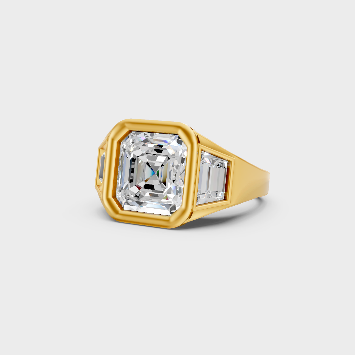 Certified 7 Carat Asscher and Baguette-Cut Lab-Grown Diamond Three-Stone Men's Ring in 18K Yellow Gold.