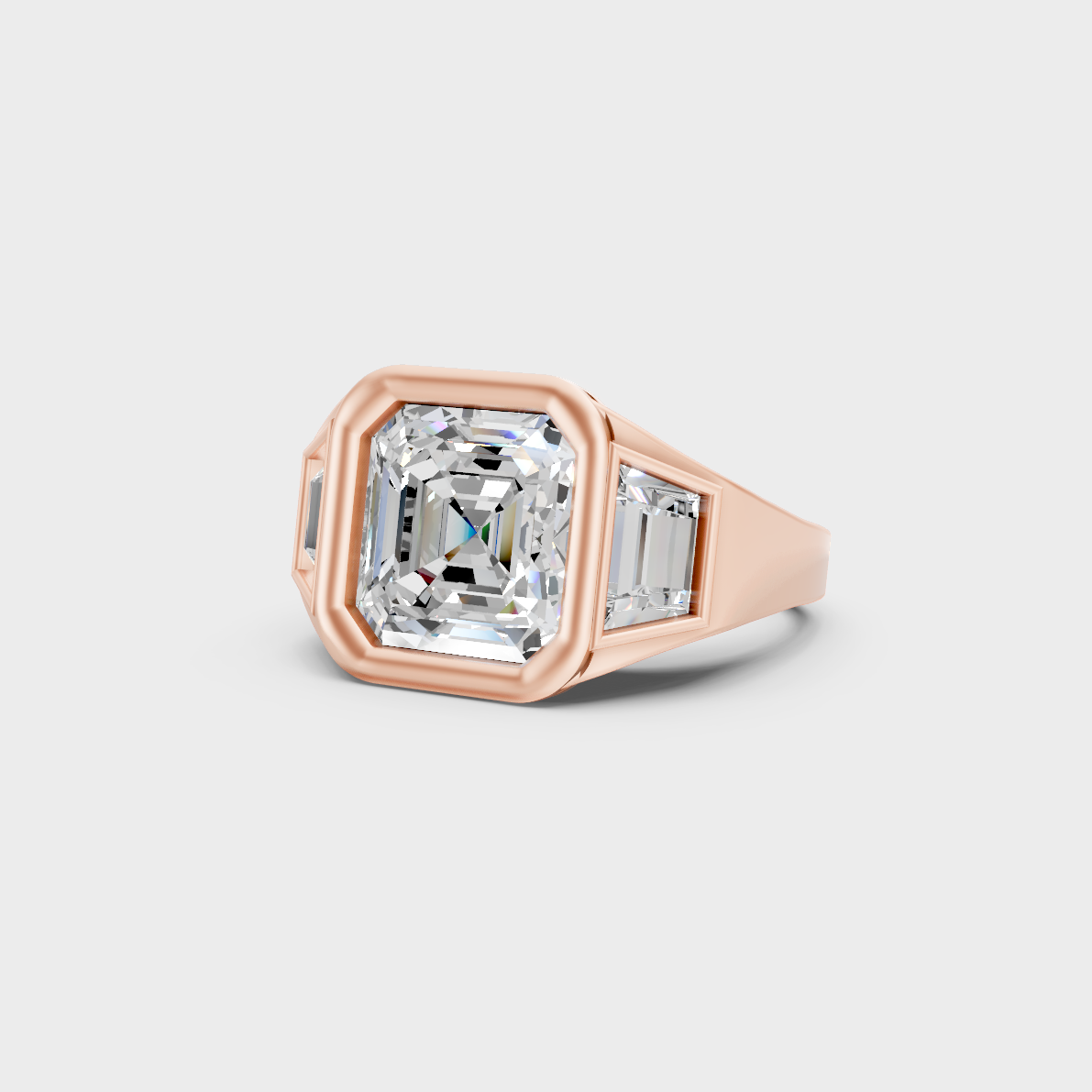 Distinctive 7 Carat Asscher and Baguette-Cut Lab-Grown Diamond Three-Stone Men's Ring in 18K Rose Gold.