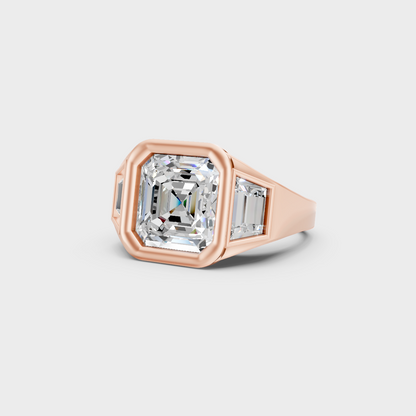 Distinctive 7 Carat Asscher and Baguette-Cut Lab-Grown Diamond Three-Stone Men's Ring in 18K Rose Gold.