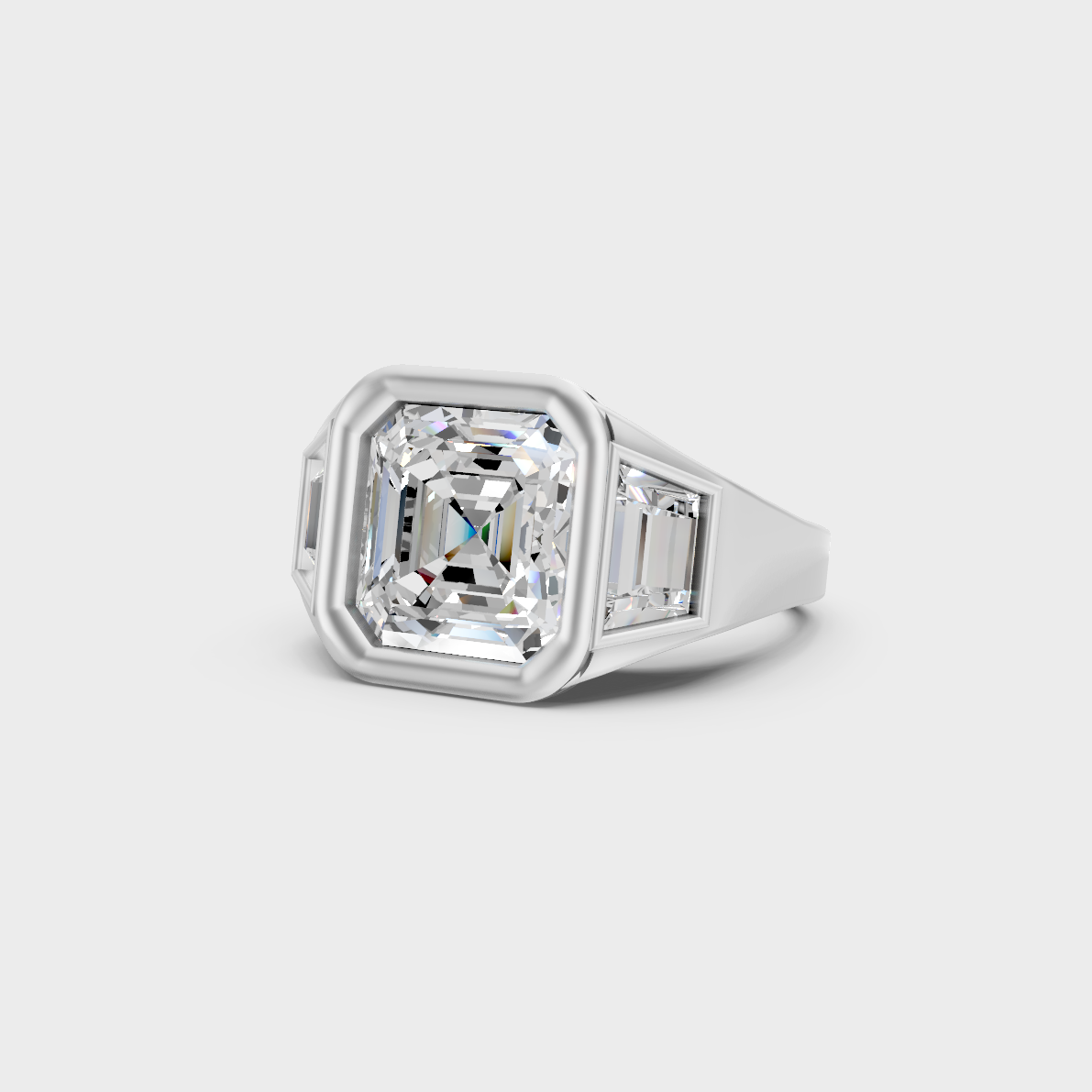Certified 7 Carat Asscher and Baguette-Cut Lab-Grown Diamond Three-Stone Men's Ring in 18K White Gold.