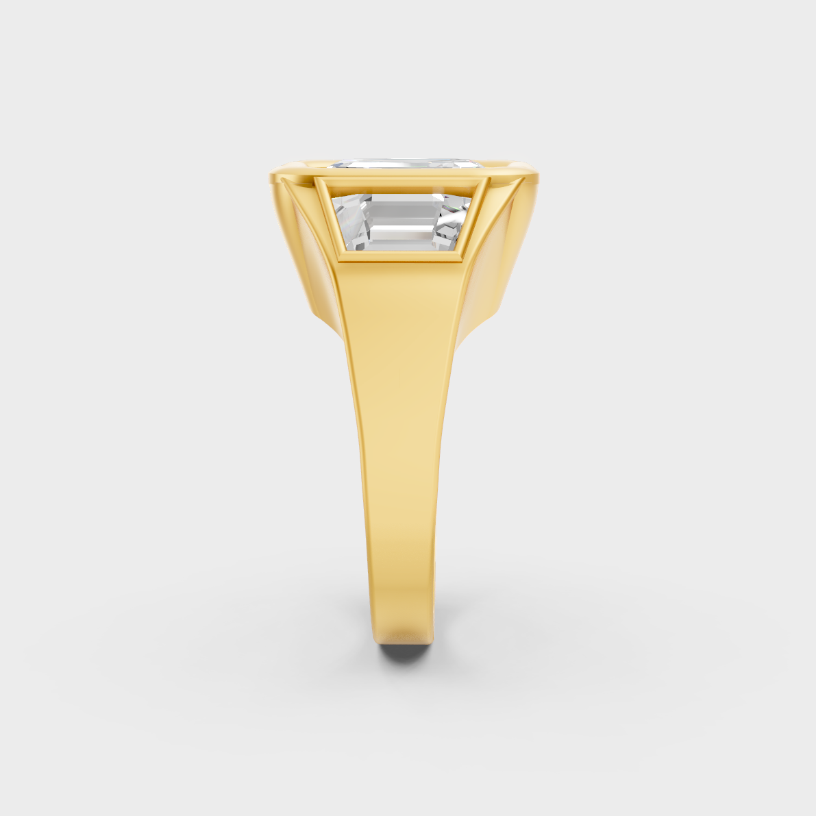 Close-Up View of 7 Ct Asscher and Baguette Lab-Grown Diamond Three-Stone Men's Ring with warm 18K Yellow Gold band.