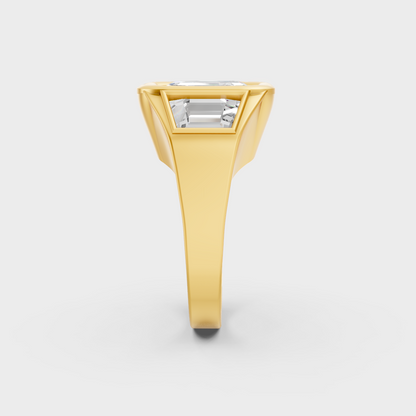 Close-Up View of 7 Ct Asscher and Baguette Lab-Grown Diamond Three-Stone Men's Ring with warm 18K Yellow Gold band.