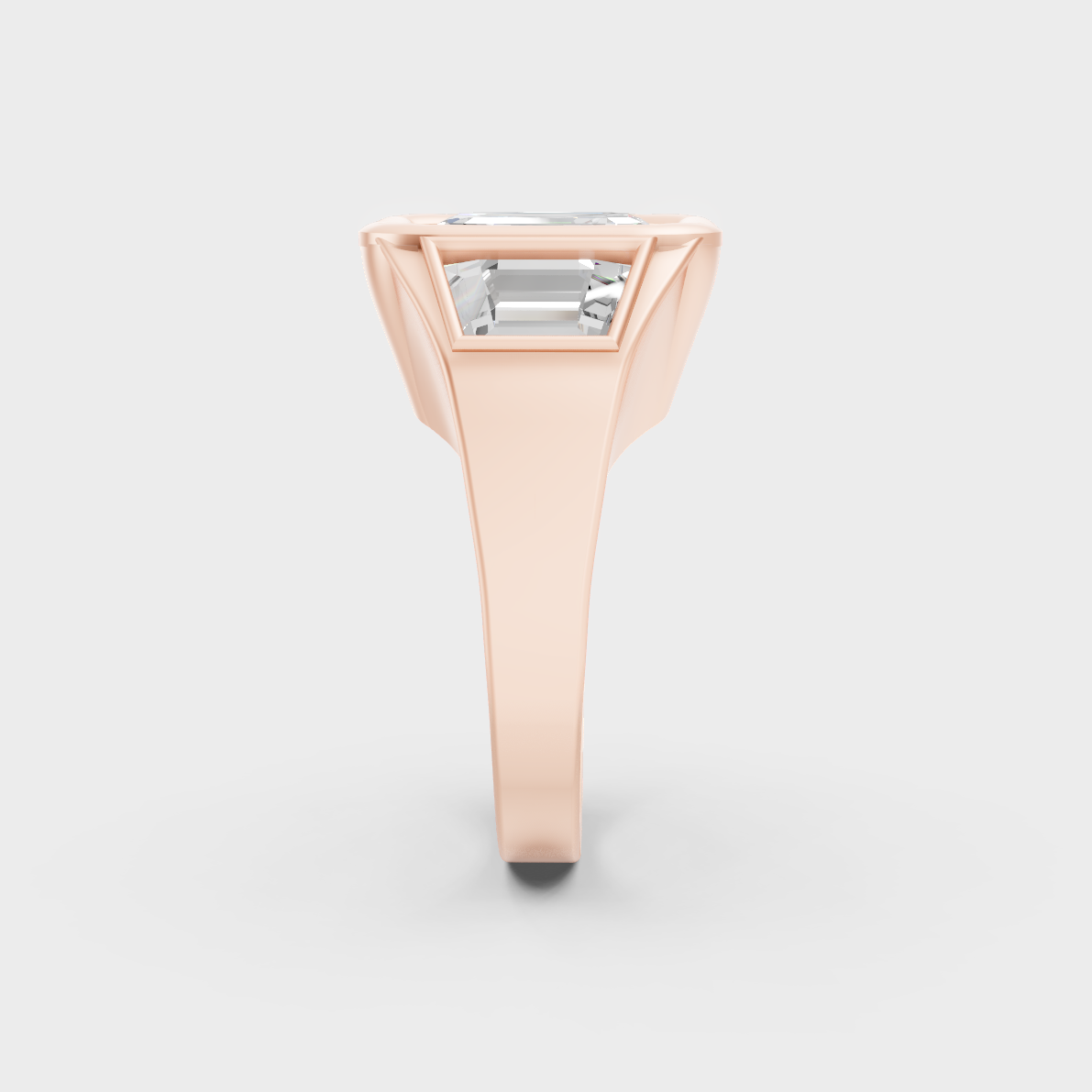 Ethical Luxury 7 Carat Asscher and Baguette Lab-Grown Diamond Three-Stone Men's Ring, elegant statement in 18K Rose Gold.