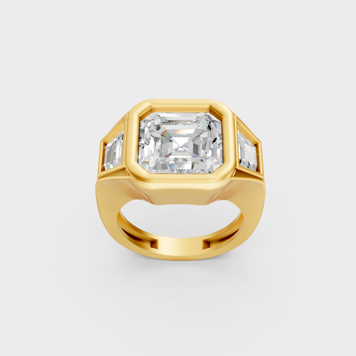 Majestic 7 Ct Asscher and Baguette Lab-Grown Diamond Men's Statement Ring in a polished 14K Yellow Gold setting.