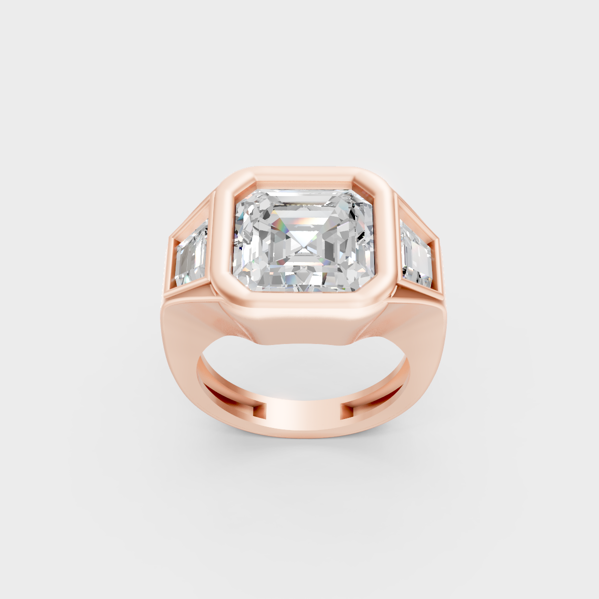 Exquisite 7 Ct Asscher and Baguette Lab-Grown Diamond Men's Ring, polished 14K Rose Gold finish.