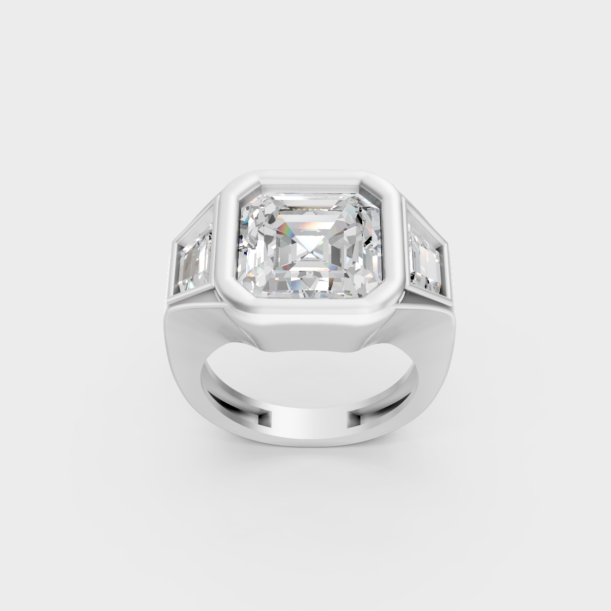 Sophisticated 7 Ct Asscher and Baguette Lab-Grown Diamond Three-Stone Men's Ring with 14K White Gold setting.