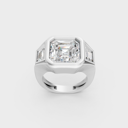 Sophisticated 7 Ct Asscher and Baguette Lab-Grown Diamond Three-Stone Men's Ring with 14K White Gold setting.