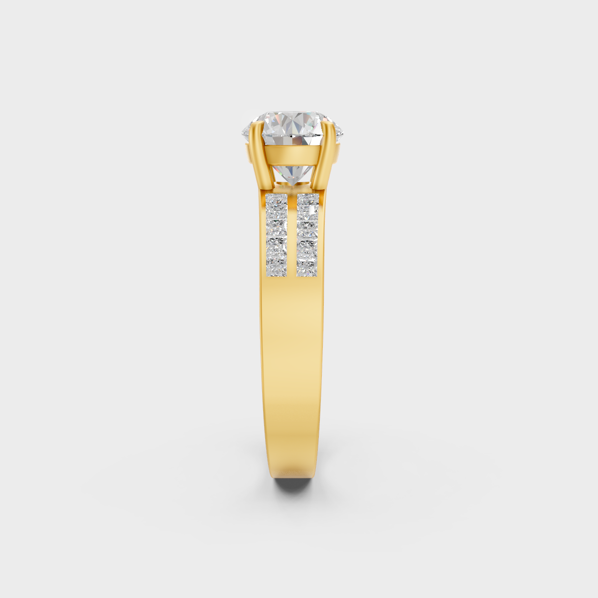 Luxury 2.6 Carat Round and Princess Cut Solitaire Ring with brilliant styling in 9K Yellow Gold.