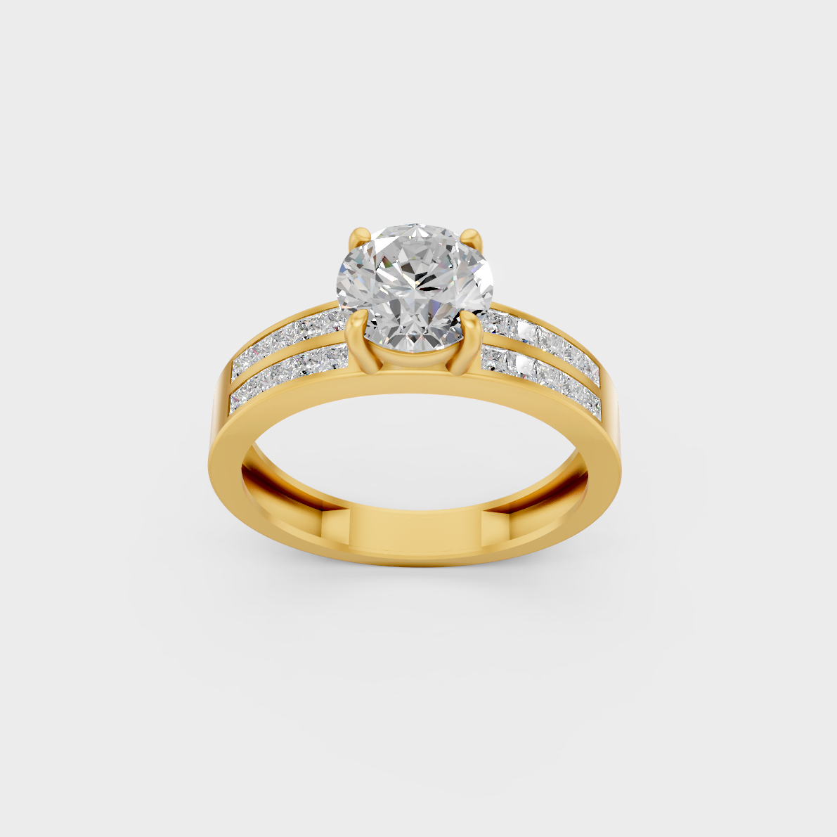 Majestic 2.6 Ct Round and Princess Lab-Grown Diamond Engagement Ring with side accents in a polished 14K Yellow Gold setting.