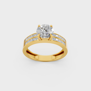Majestic 2.6 Ct Round and Princess Lab-Grown Diamond Engagement Ring with side accents in a polished 14K Yellow Gold setting.