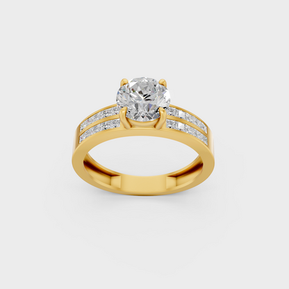 Majestic 2.6 Ct Round and Princess Lab-Grown Diamond Engagement Ring with side accents in a polished 14K Yellow Gold setting.