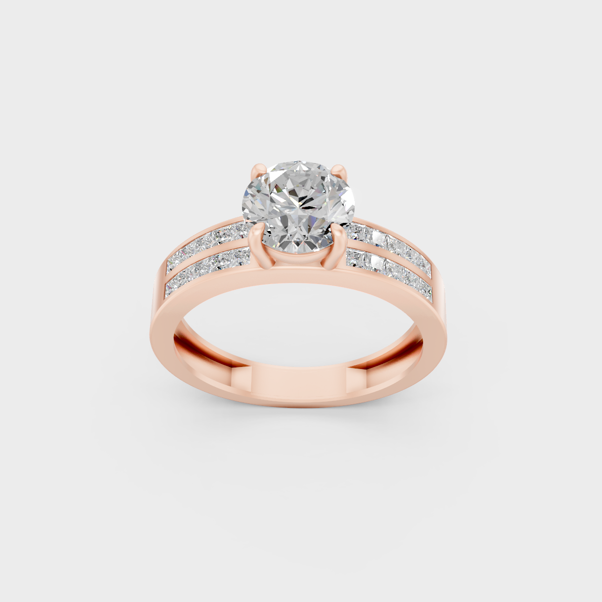Exquisite 2.6 Ct Round and Princess Lab-Grown Diamond Engagement Ring with side stones, polished 14K Rose Gold finish.