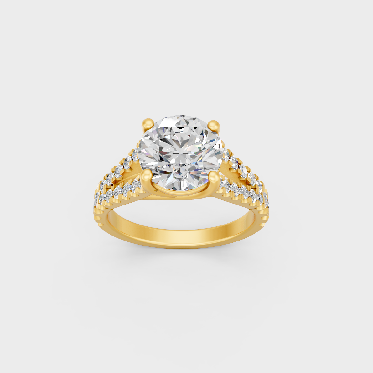 Majestic 2.5 Ct Round Lab-Grown Diamond Engagement Ring with side accents in a polished 14K Yellow Gold setting.