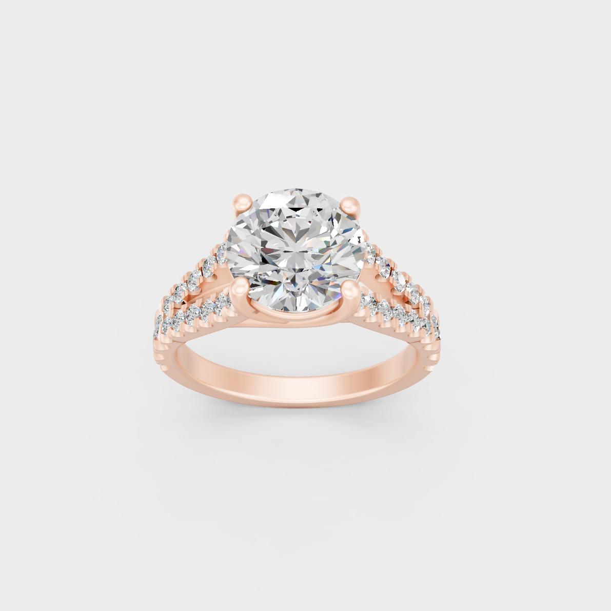 Exquisite 2.5 Ct Round Lab-Grown Diamond Engagement Ring with side stones, polished 14K Rose Gold finish.
