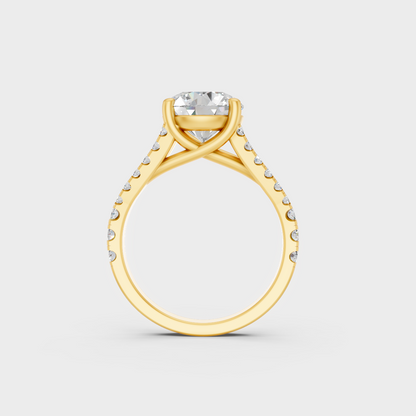 Close-Up View of 2.5 Ct Round Lab-Grown Diamond Accents Ring with warm 18K Yellow Gold band.