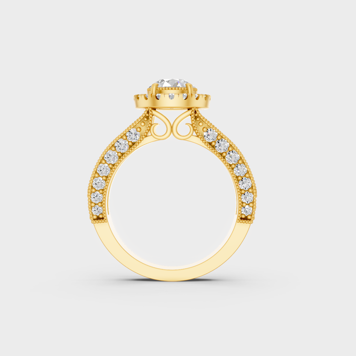 Close-Up View of 1.64 Ct Round Lab-Grown Diamond Accents Ring with warm 18K Yellow Gold band.