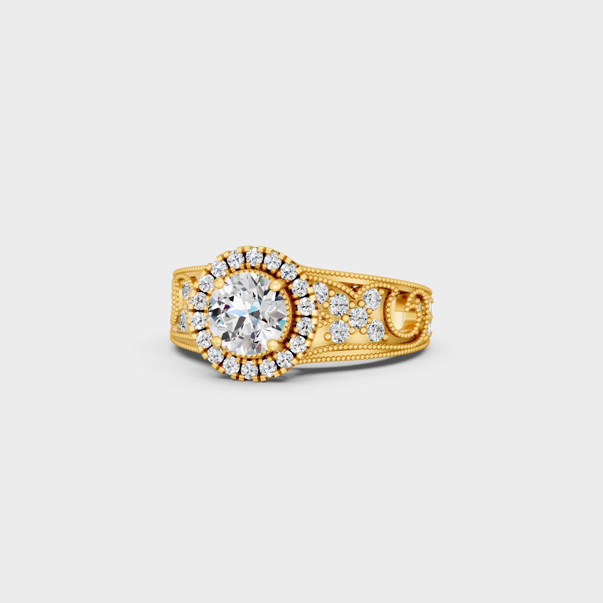 Certified 1.64 Carat Round-Cut Lab-Grown Diamond Solitaire with Accents Ring in 18K Yellow Gold.