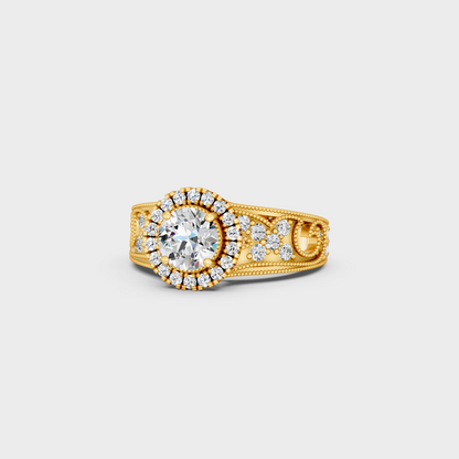 Certified 1.64 Carat Round-Cut Lab-Grown Diamond Solitaire with Accents Ring in 18K Yellow Gold.