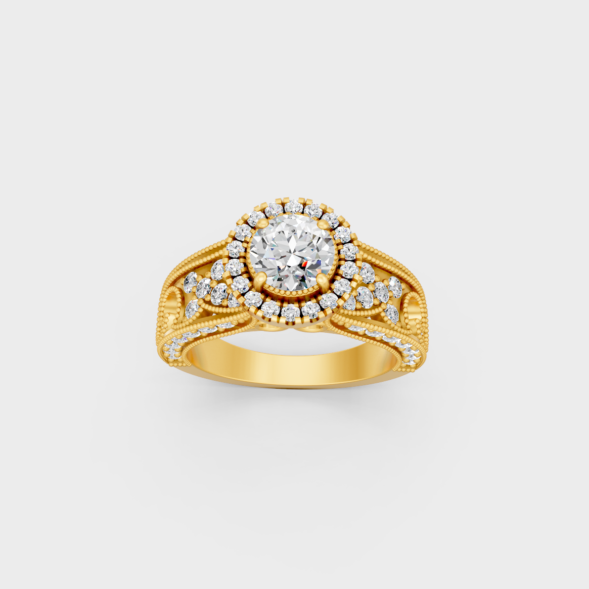 Majestic 1.64 Ct Round Lab-Grown Diamond Engagement Ring with side accents in a polished 14K Yellow Gold setting.