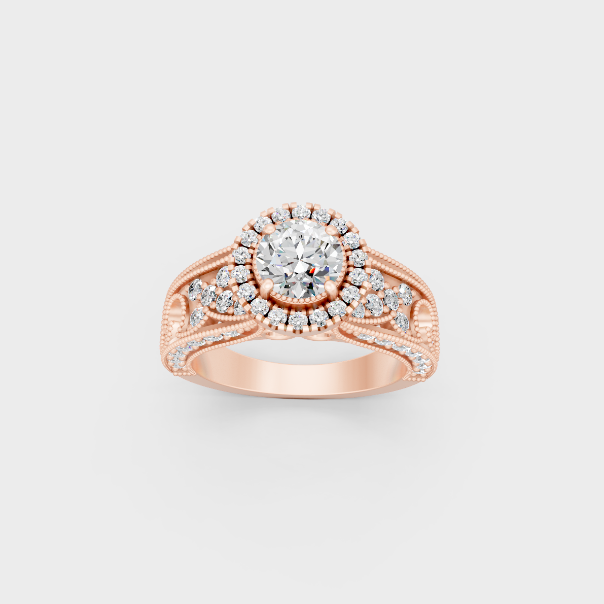 Exquisite 1.64 Ct Round Lab-Grown Diamond Engagement Ring with side stones, polished 14K Rose Gold finish.