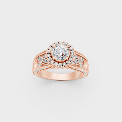 Exquisite 1.64 Ct Round Lab-Grown Diamond Engagement Ring with side stones, polished 14K Rose Gold finish.