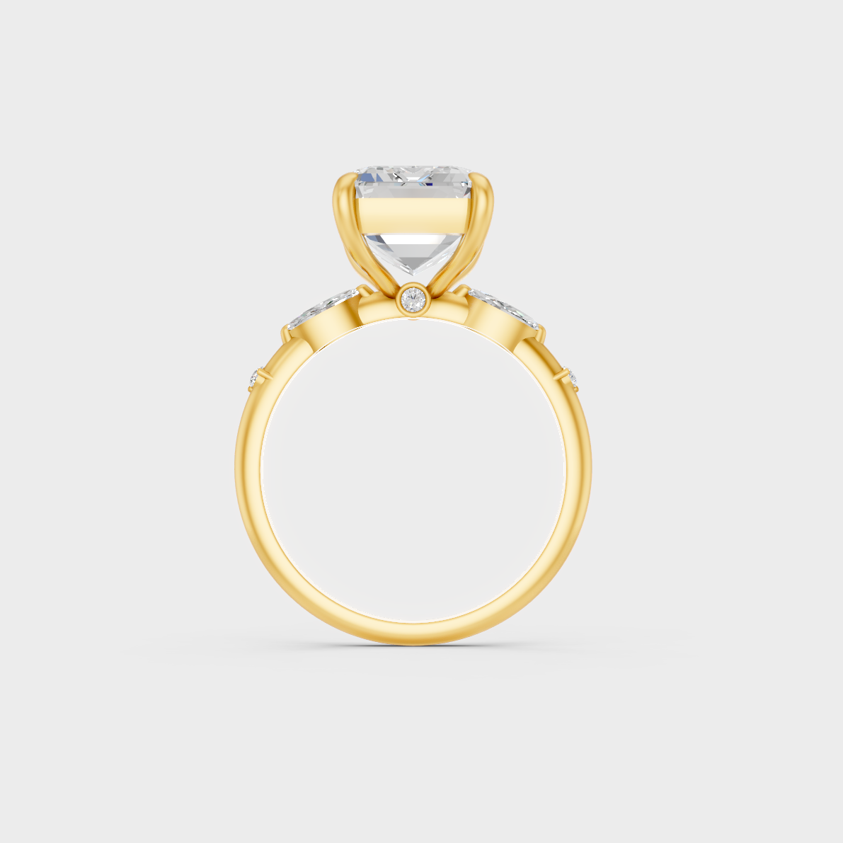 Side profile detail of 4.56ct multishape diamond engagement ring in yellow gold
