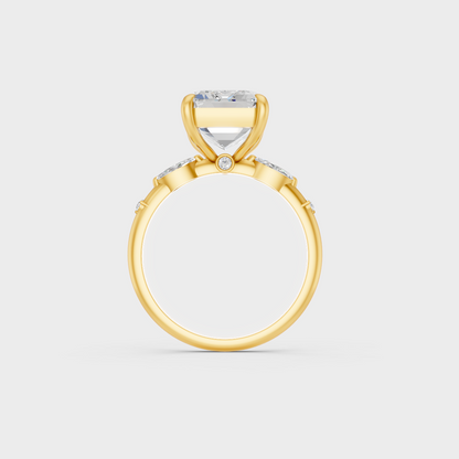 Side profile detail of 4.56ct multishape diamond engagement ring in yellow gold